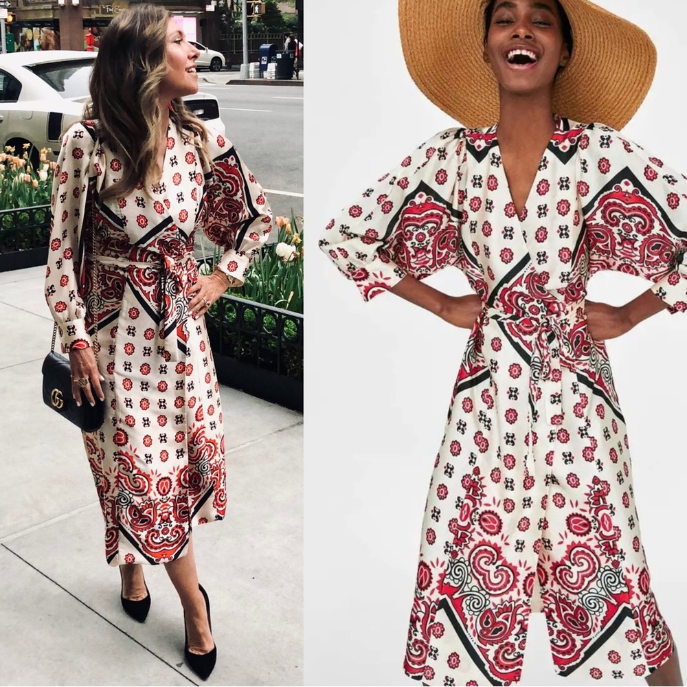 ZARA BLOGGER FAVE Cream Red Satin Paisley Bandana Scarf Printed Midi Wrap Dress
